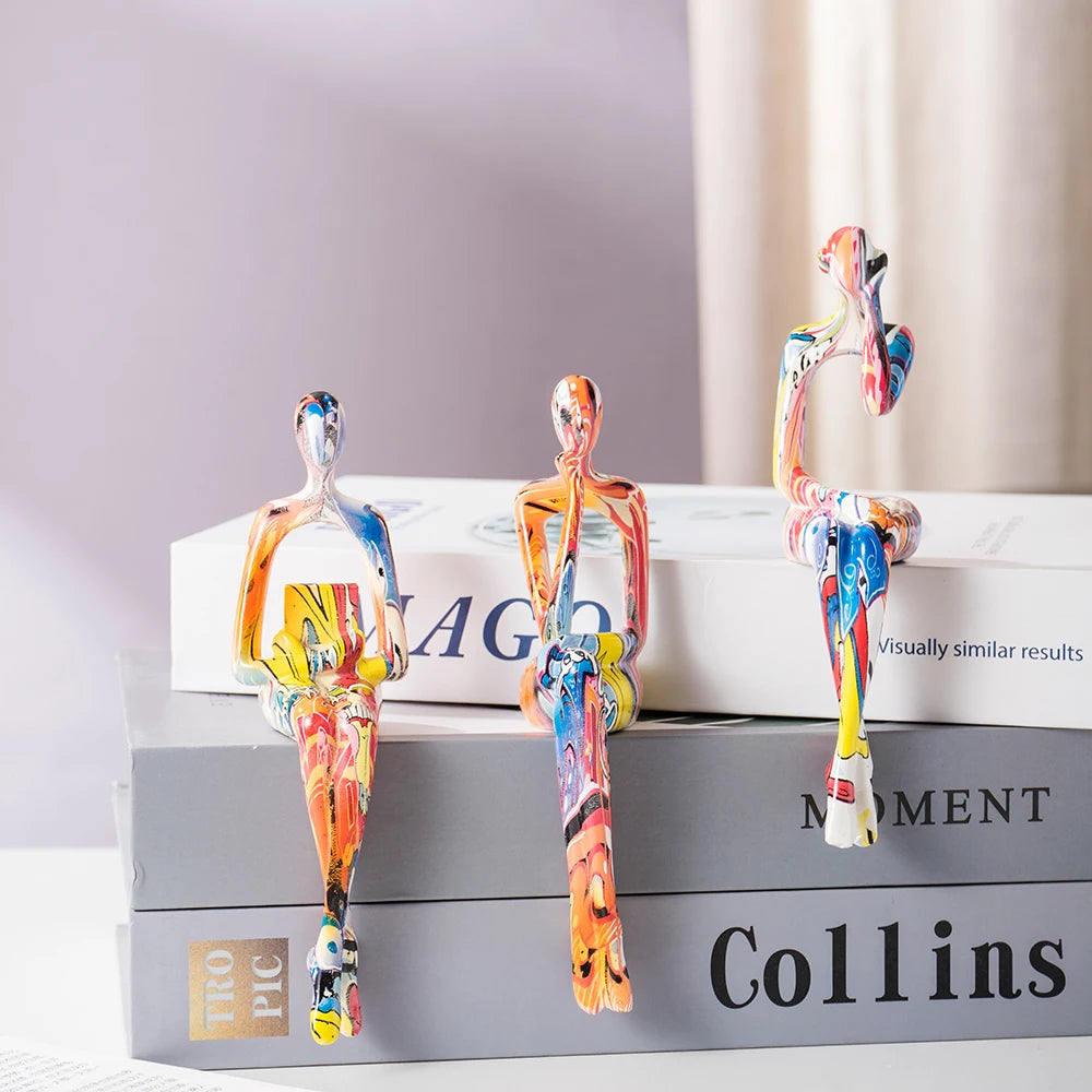 Abstract Thinker Figurine Set of 3 Colourful Modern Resin Sculpture Bookshelf Decor