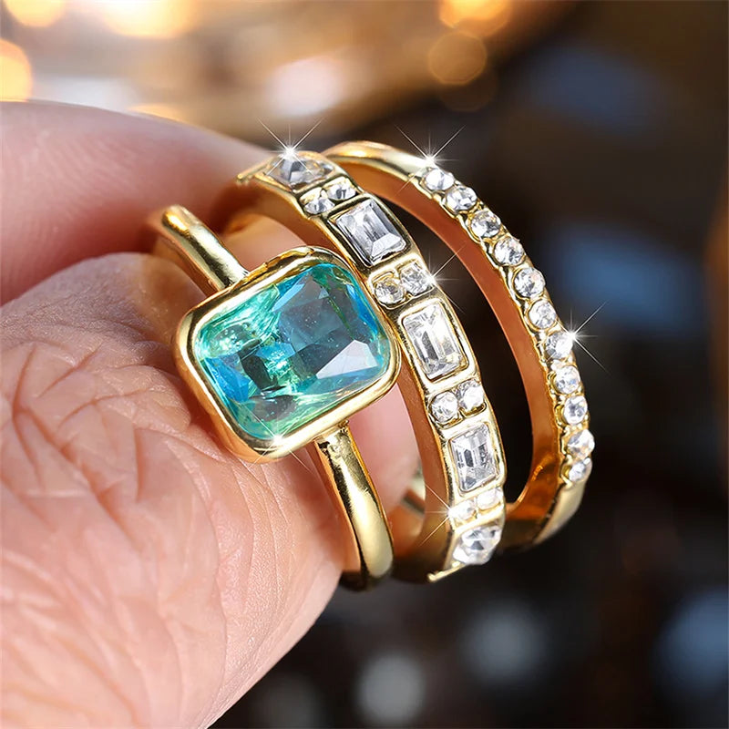 3pcs Aqua Blue Stone Square Triple Ring Set Antique Gold Color White Crystal Stacking Wedding Engagement Rings For Women Jewelry