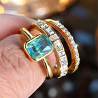 3pcs Aqua Blue Stone Square Triple Ring Set Antique Gold Color White Crystal Stacking Wedding Engagement Rings For Women Jewelry