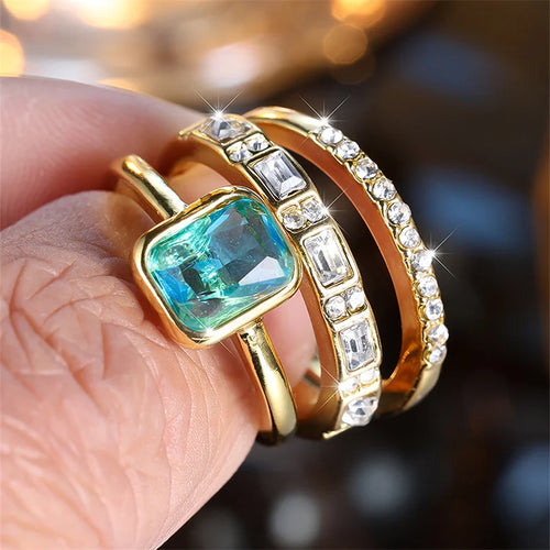 3pcs Aqua Blue Stone Square Triple Ring Set Antique Gold Color White Crystal Stacking Wedding Engagement Rings For Women Jewelry
