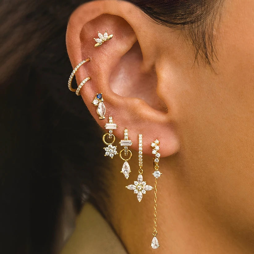 New Stainless Steel Water Drop Hoop Earrings Cubic Zirconia Flowers