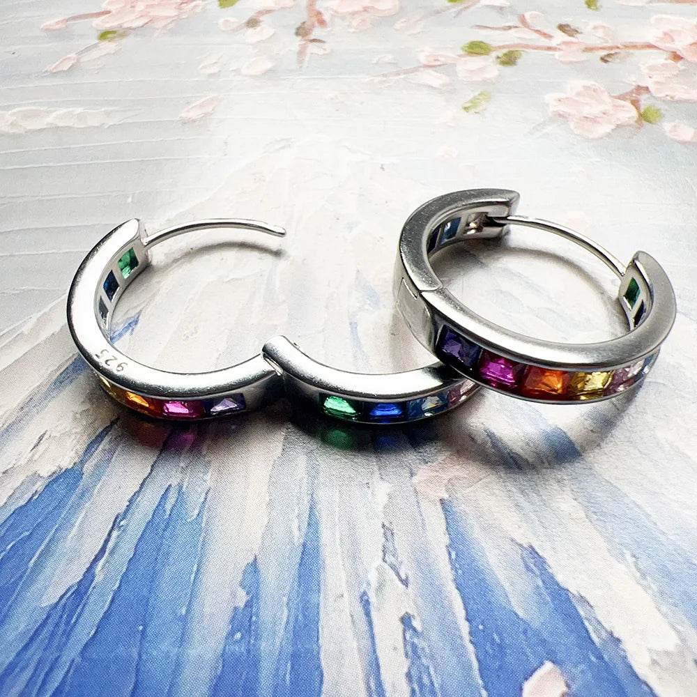 Rainbow Stone Hoop Earrings Creole 925 Sterling Silver Bohemia Gift