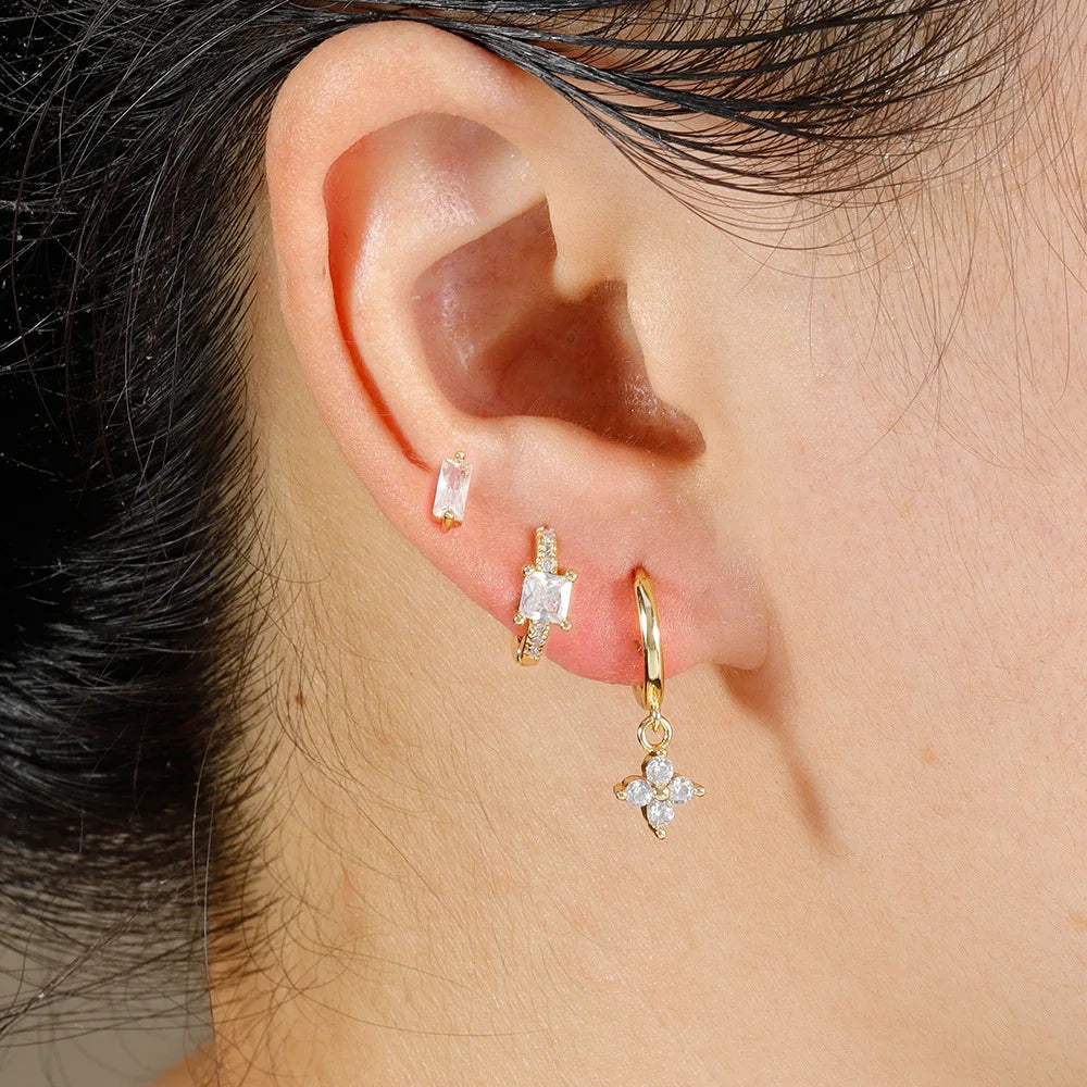 3PCS Stainless Steel Flower Crystal Zirconia Hoop Earrings Square