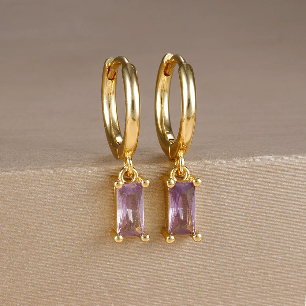 Exquisite Green Zircon Flower Hoop Earrings 18K Gold Plated Steel