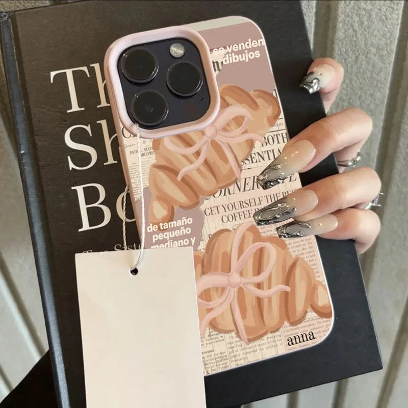 Croissant Newspaper Lychee Case for iPhone 17 16 15 14 13 Pro Max