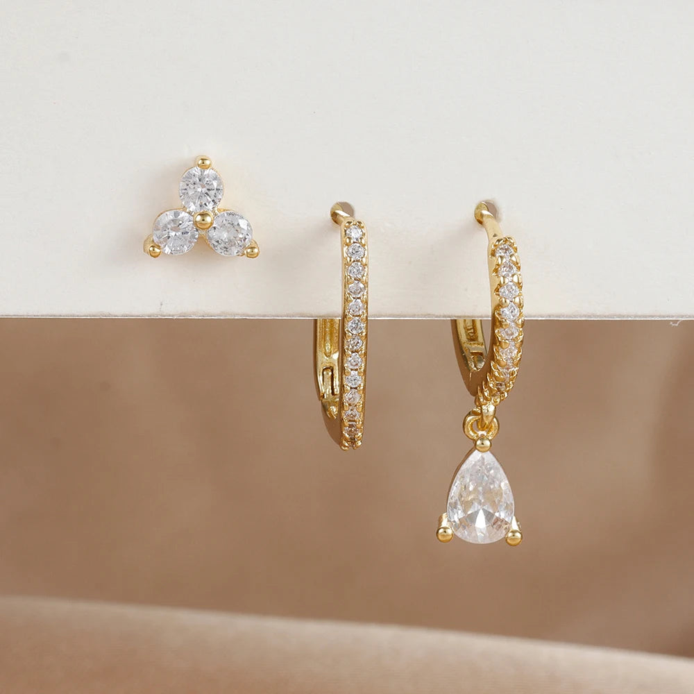 3PCS Waterdrop Shape Zircon Hoop Earrings Triangle Flower Studs
