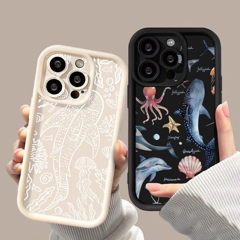 Whale Swimming Sea Case for iPhone 16 15 14 13 12 11 Pro Max Plus XR SE2