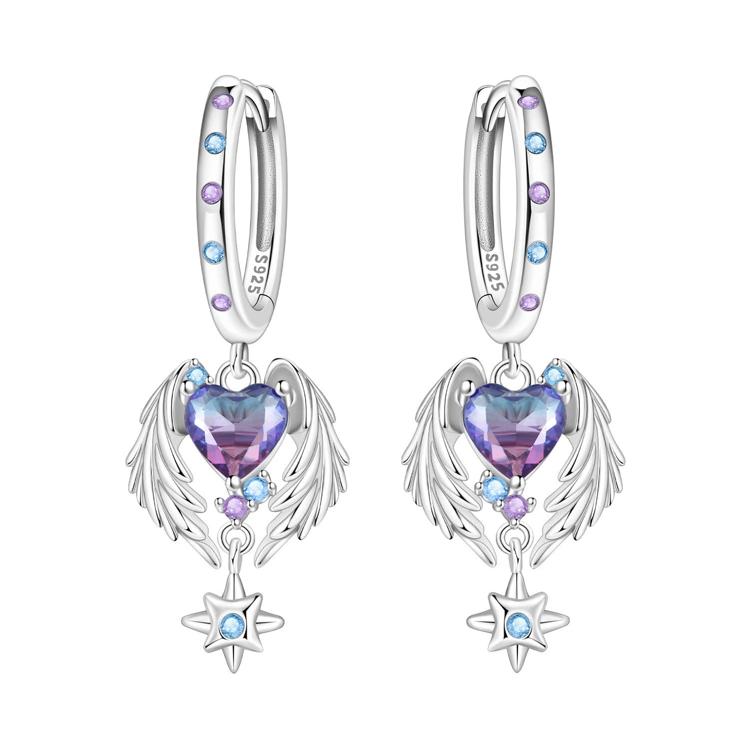 925 Sterling Silver Wings Guardian Love Heart Drop Earrings Trendy Jewellery
