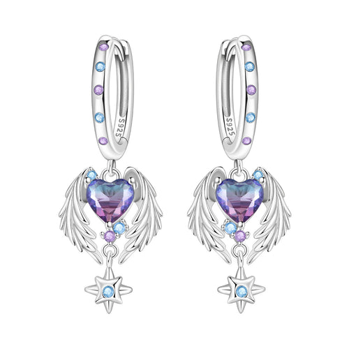 925 Sterling Silver Wings Guardian Love Heart Drop Earrings Trendy Jewellery