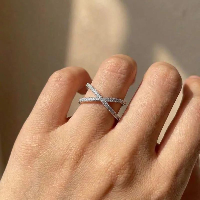 925 Sterling Silver Luxury Cross X Shape Engagement Ring Full Paved CZ Stone Simple Jewellery