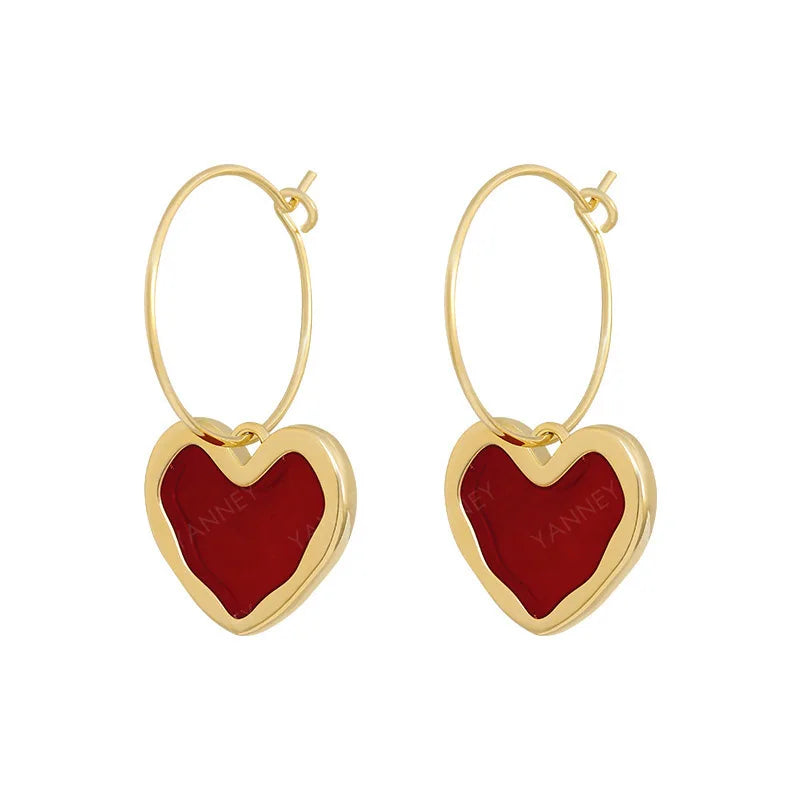 925 Sterling Silver 18K Gold Red Heart Earrings Women Fashion Birthday Gift