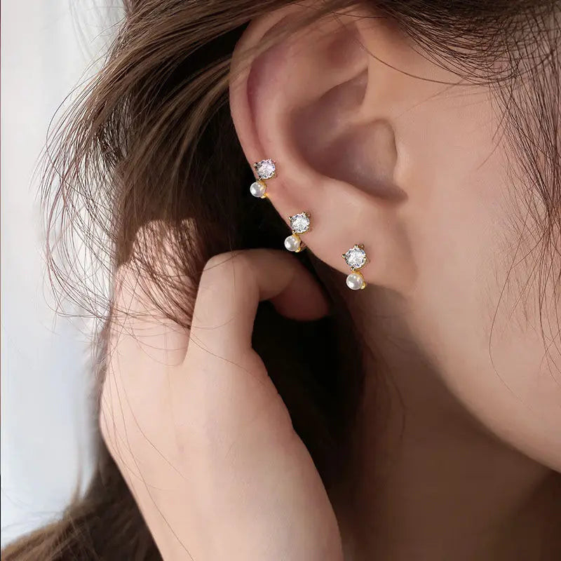2023 New Gold Colour Pearl Zircon Small Hoop Earrings Korean 6-10mm
