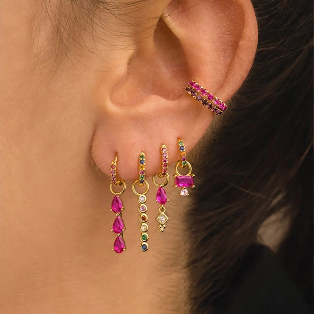 Luxury Rose Red Zircon Stainless Steel Water Drop Hoop Earring