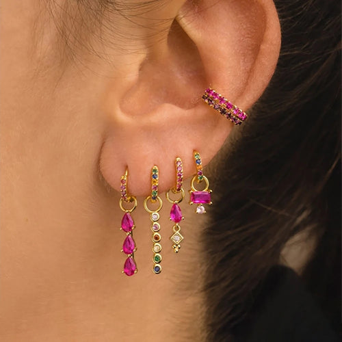 Luxury Rose Red Zircon Stainless Steel Water Drop Hoop Earring