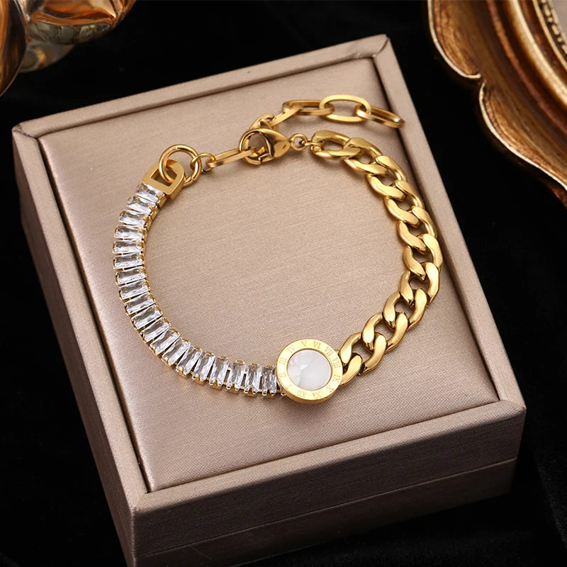 Heart Roman Numeral Zircon Bead Stainless Steel Snake Bone Bracelet