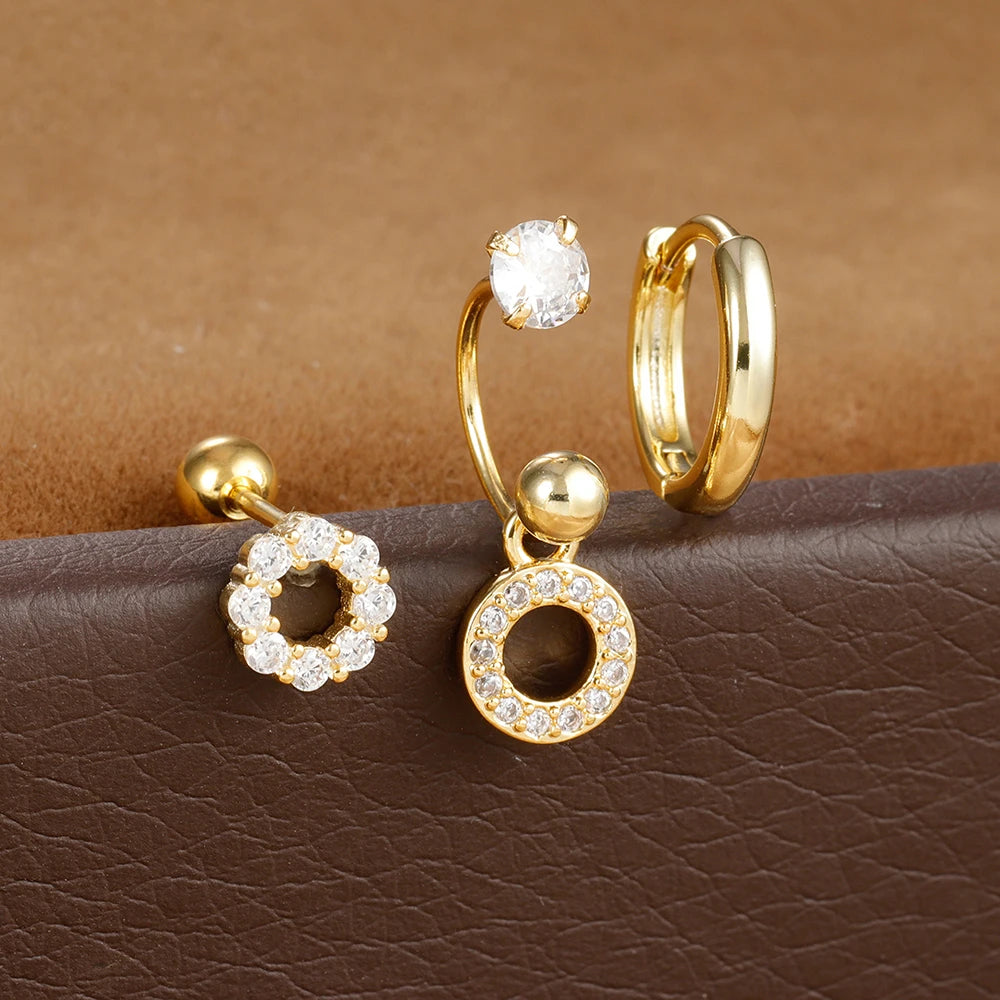 3pcs Stainless Steel Zircon Huggie Hoop Earrings Set Star Moon