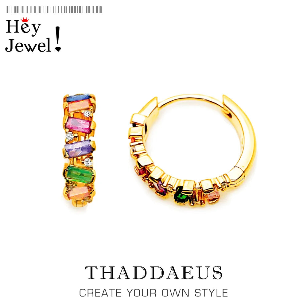 Golden Colourful Stones Hoop Earrings 925 Sterling Silver Bohemia Gift