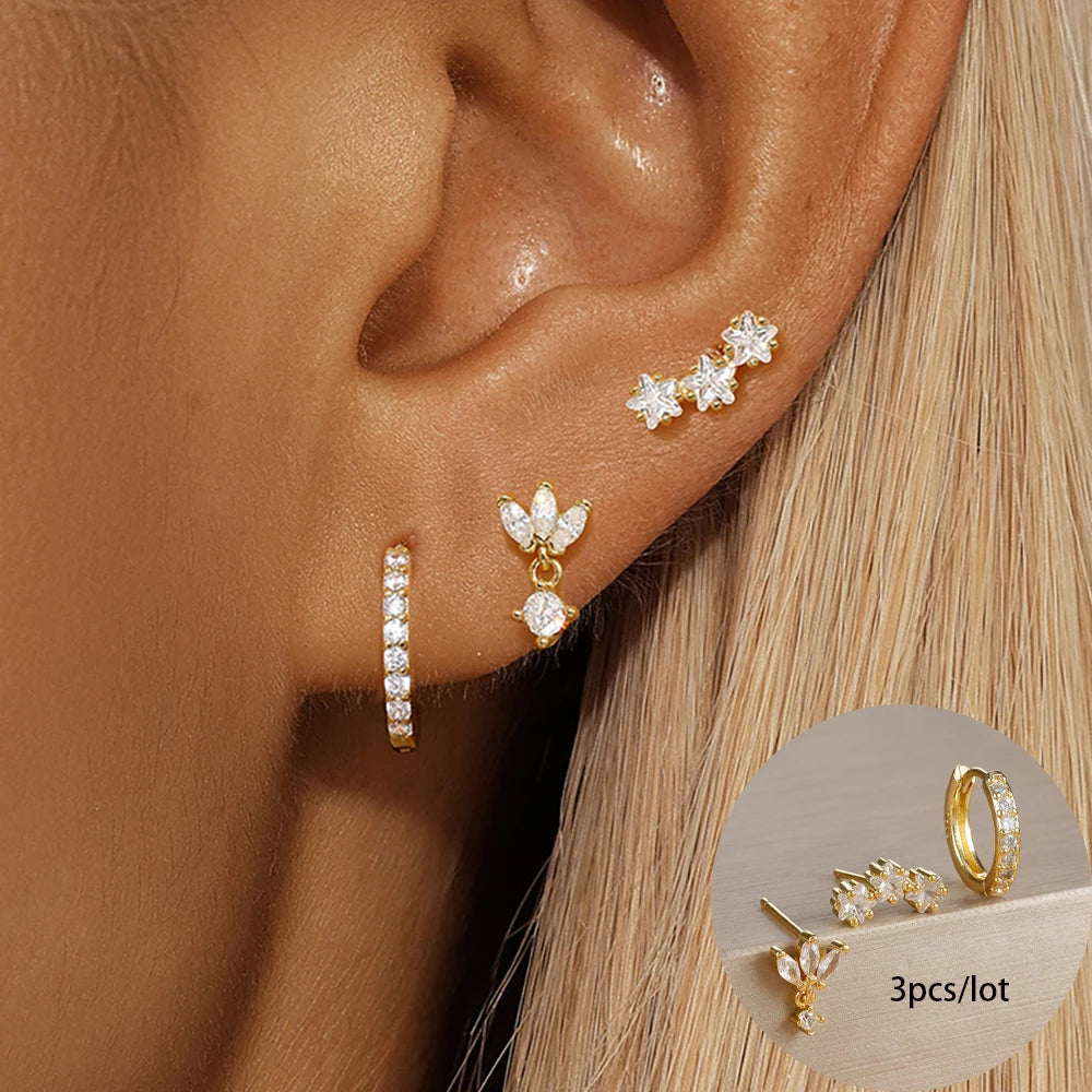 3PCS Stainless Steel Gold Colour Star Hoop Earrings 18K Gold Plated