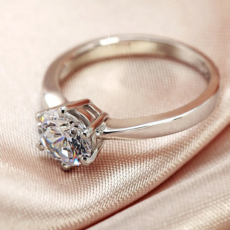 925 Sterling Silver Six Claw Cubic Zirconia Wedding Ring Simple Elegant Engagement Proposal Gift