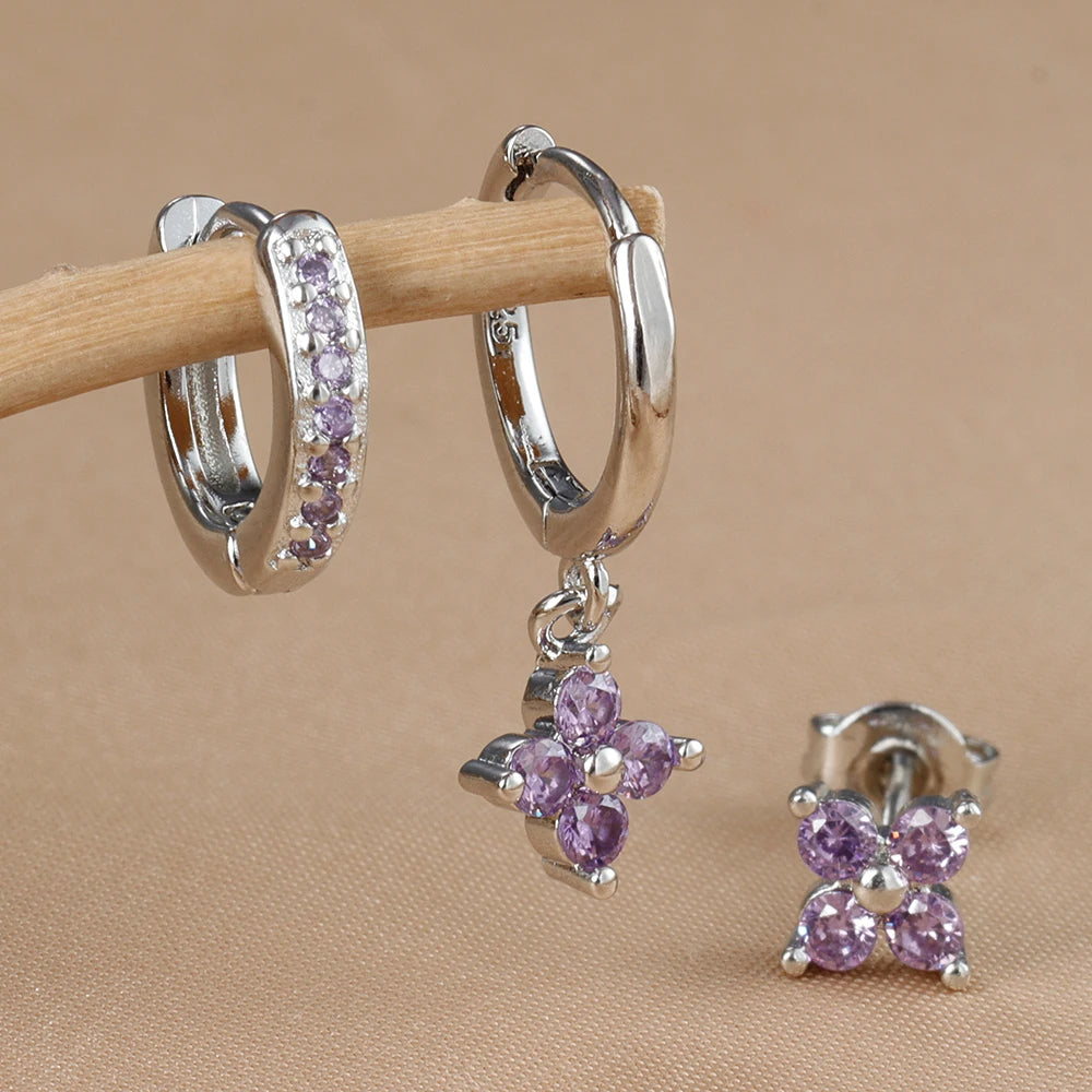 3PCS Gold Colour Crystal Zirconia Drop Earrings Flower Dangle Set