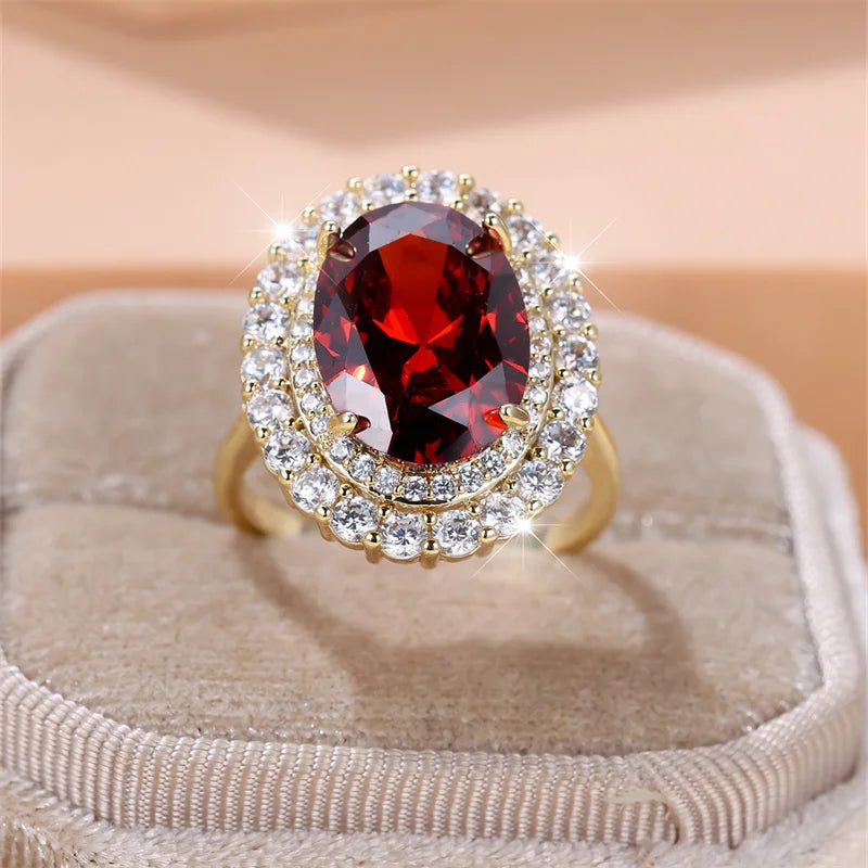 Female Luxury Big Red Stone Oval Wedding Bands Antique Gold Color Vintage Zircon Adjustable Engagement Cocktail Ring Jewelry CZ