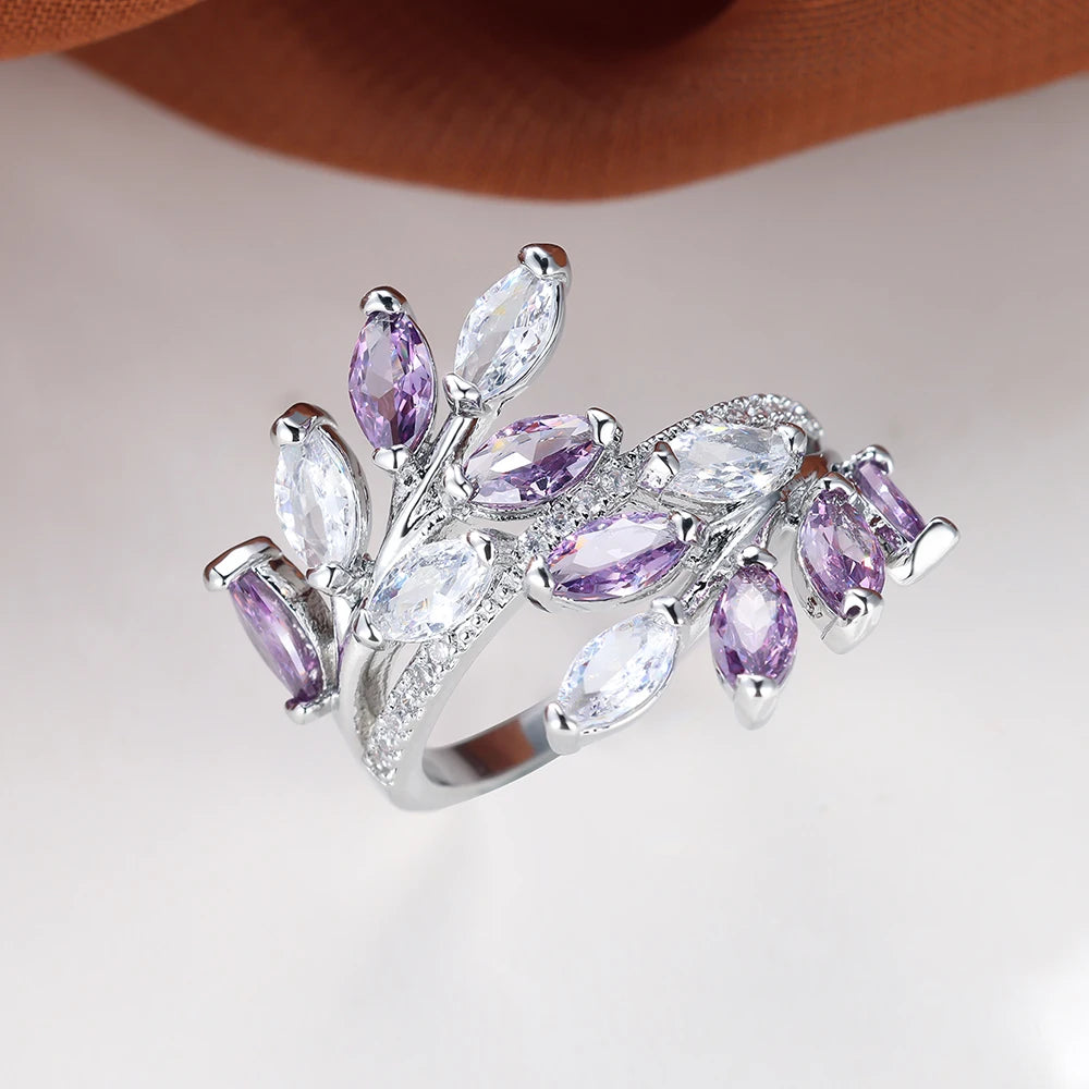 Marquise Cut Royal Blue Green Purple Pink Zircon Leaf Rings For Women Rose Gold Color Boho Cocktail Ring Wedding Bands Jewelry