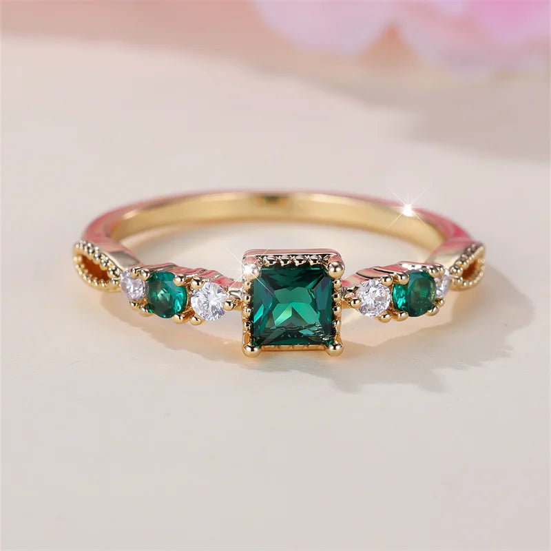 Minimalist Female Square Green Stone Thin Rings For Women Antique Gold Color White Zircon Stacking Wedding Bands Party Jewelry