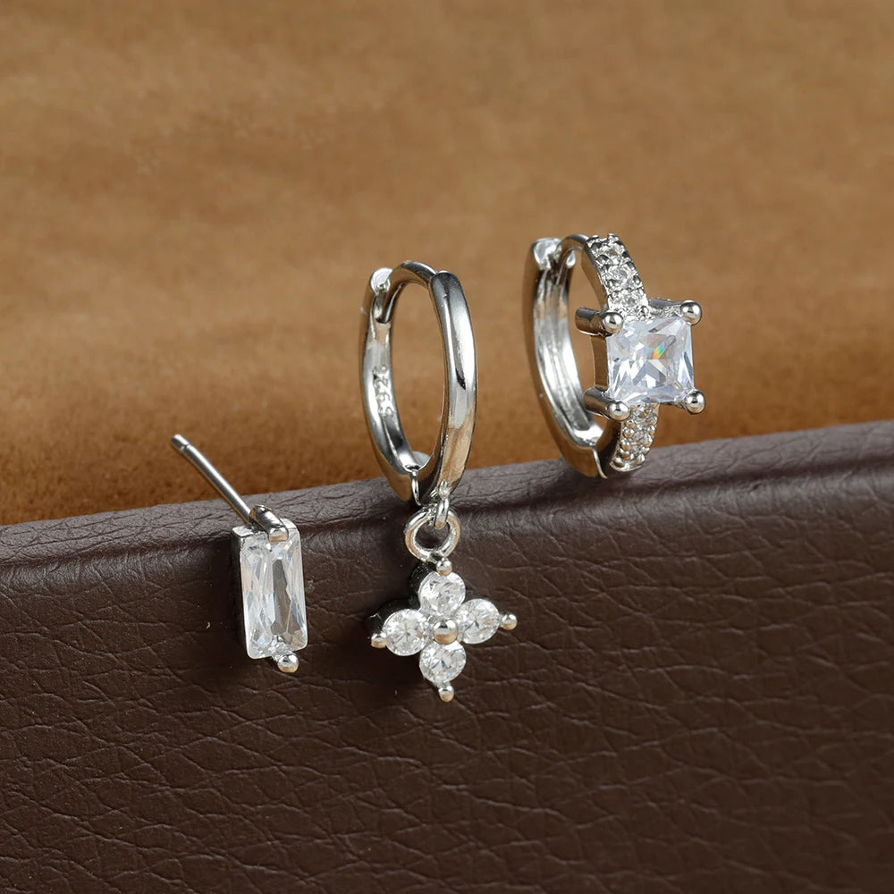 3PCS Stainless Steel Flower Crystal Zirconia Hoop Earrings Square