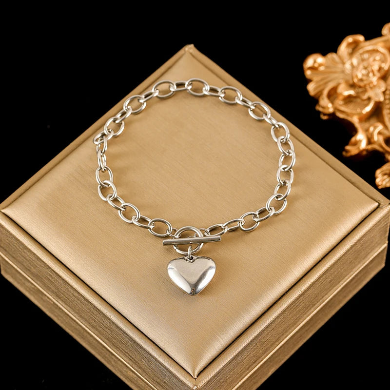Stainless Steel Coins Heart Charm Bracelet Gold Silver Colour Wrist Chain