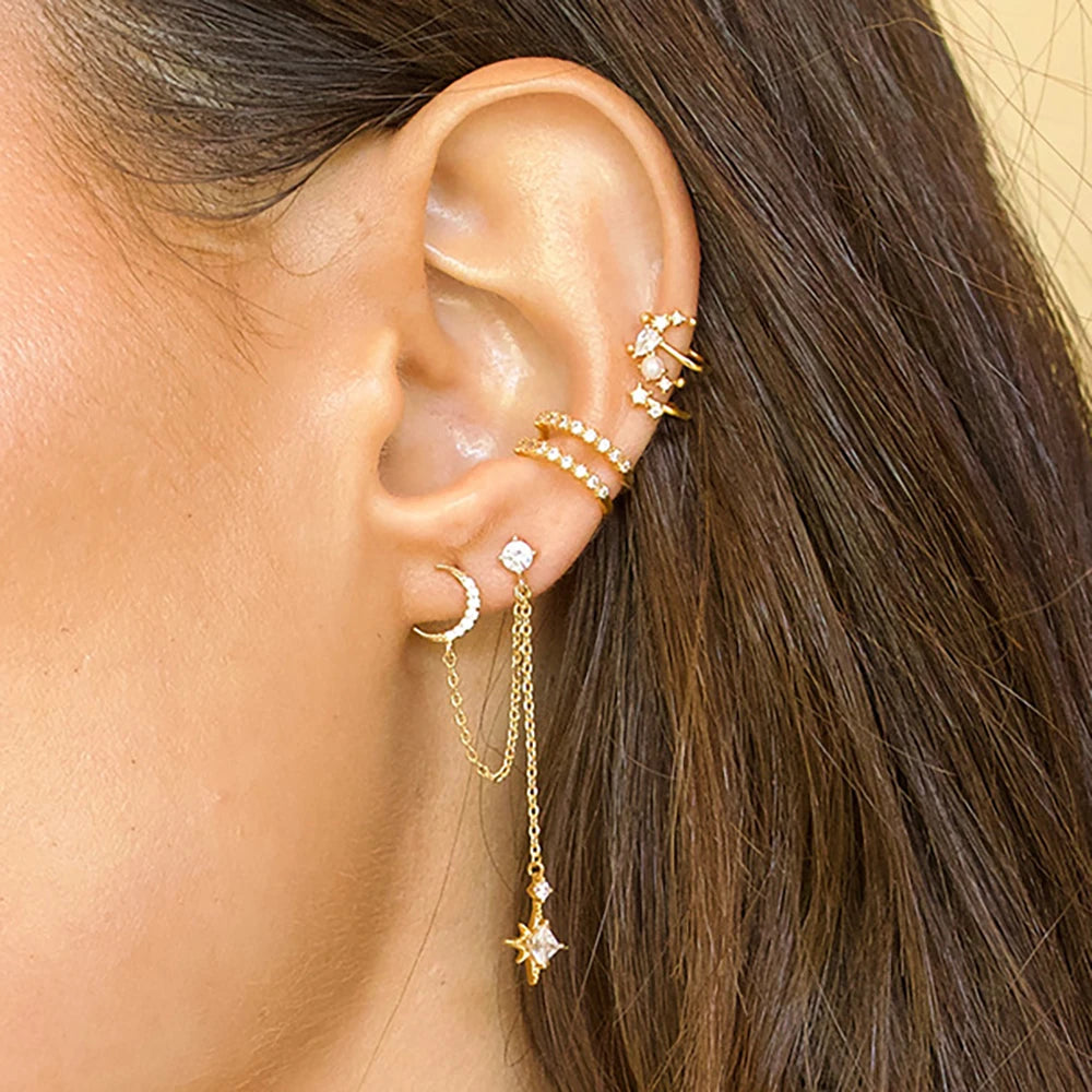 New Stainless Steel Cubic Zirconia Star Moon Dangle Chain Earrings