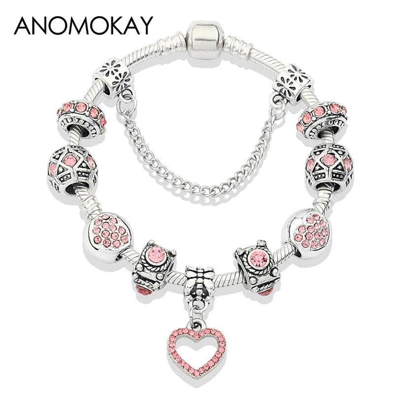 Romantic Pink Heart Charm Bracelet Fine Crystal DIY Bead Bangle Gift