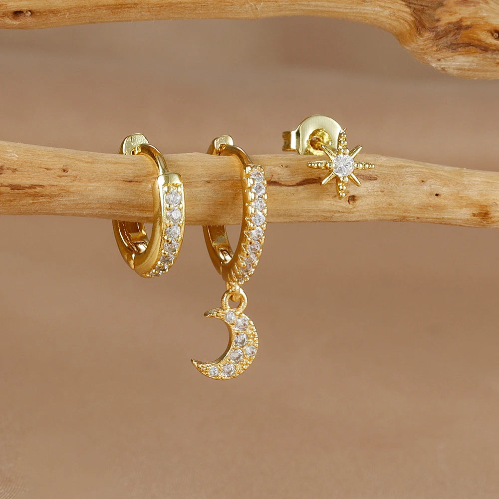 3PCS Gold Silver Star Moon Hanging Earrings Set Stainless Steel