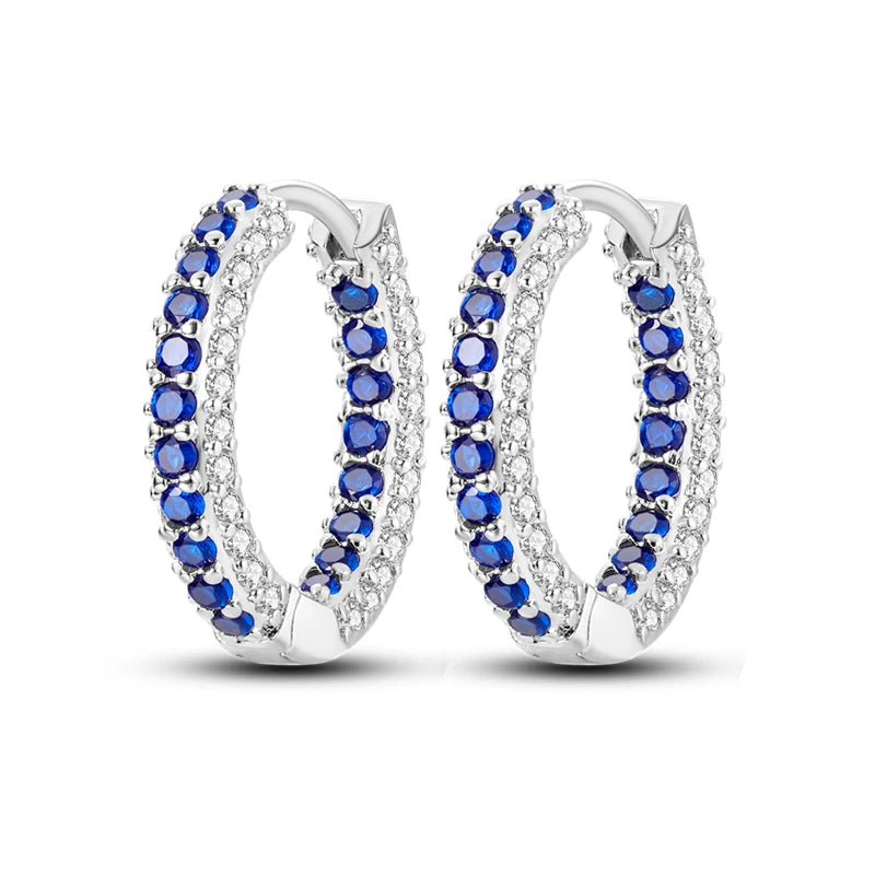 925 Sterling Silver Geometric Minimalist Blue Zircon Circle Hoop Earrings Gift