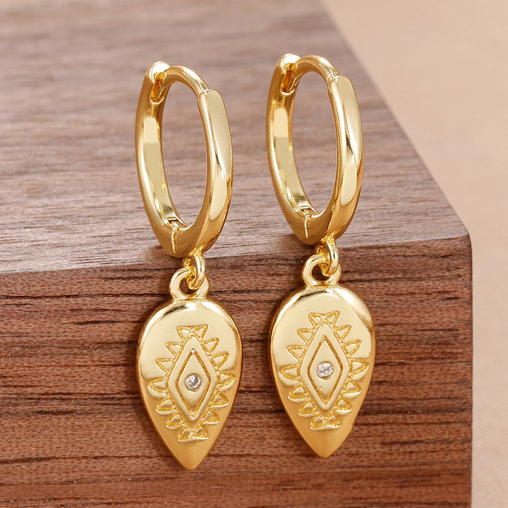 2PCS Fashion Stainless Steel Leaf Evil Eye Dangle Earrings 14K Gold