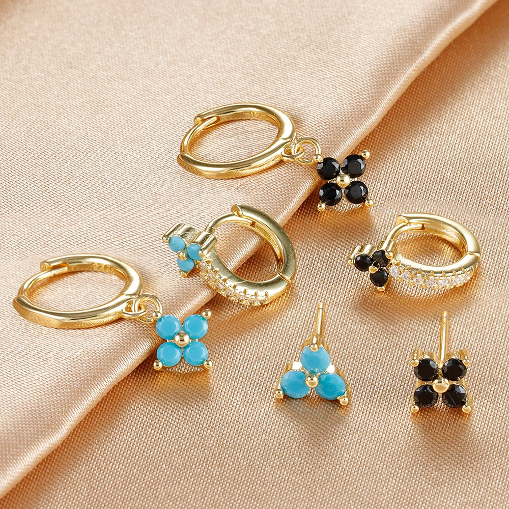 3PCS Fashion Stainless Steel Flower Small Hoop Earrings Set 18K Gold