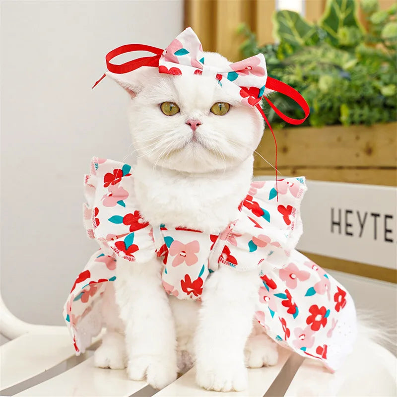 Sweet Bow Dog Cat Dress Set, Floral Lace Party Dress with Bow Tie, Cute Photoshoot Outfit for Small Medium Pets, Special Occasio