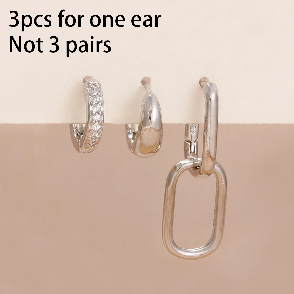 3PCS Stainless Steel Zircon Hoop Earrings Set Gold Colour Piercing