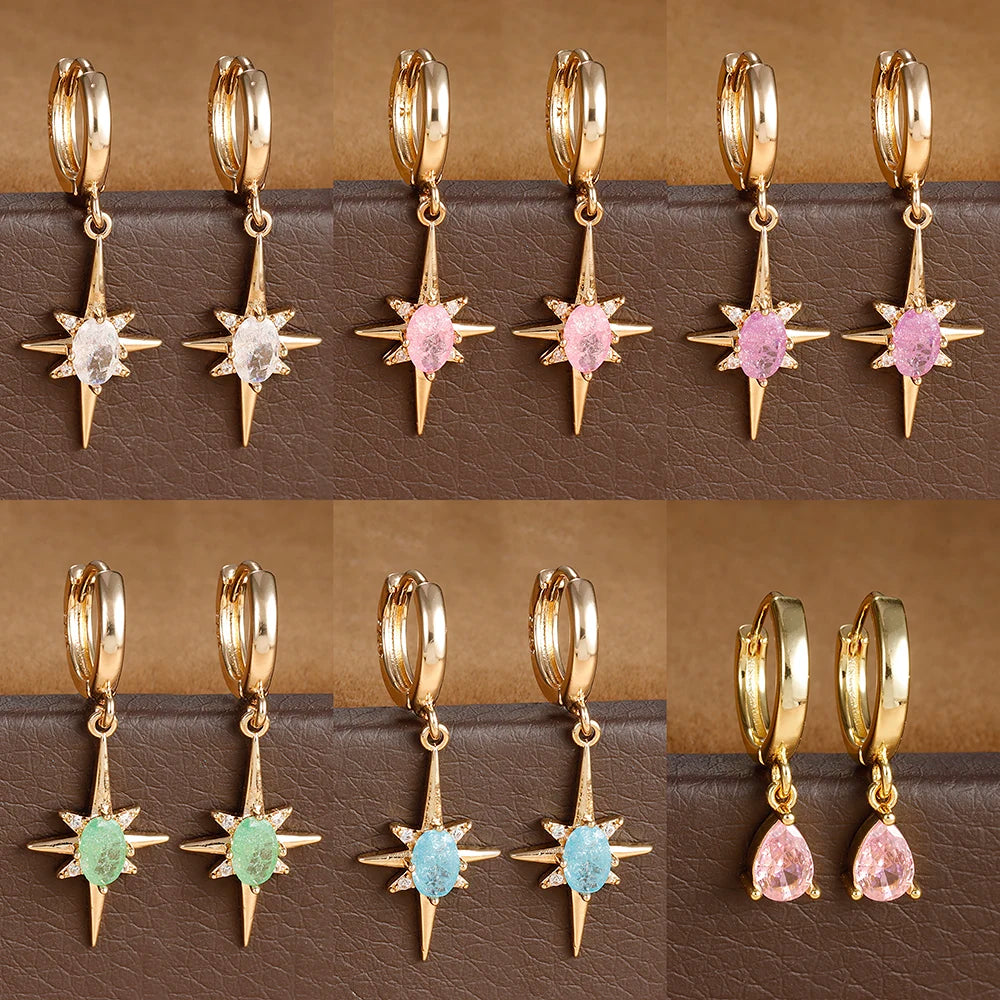 2PCS Simple Stainless Steel Star Hoop Earrings Gold Colour Zirconia