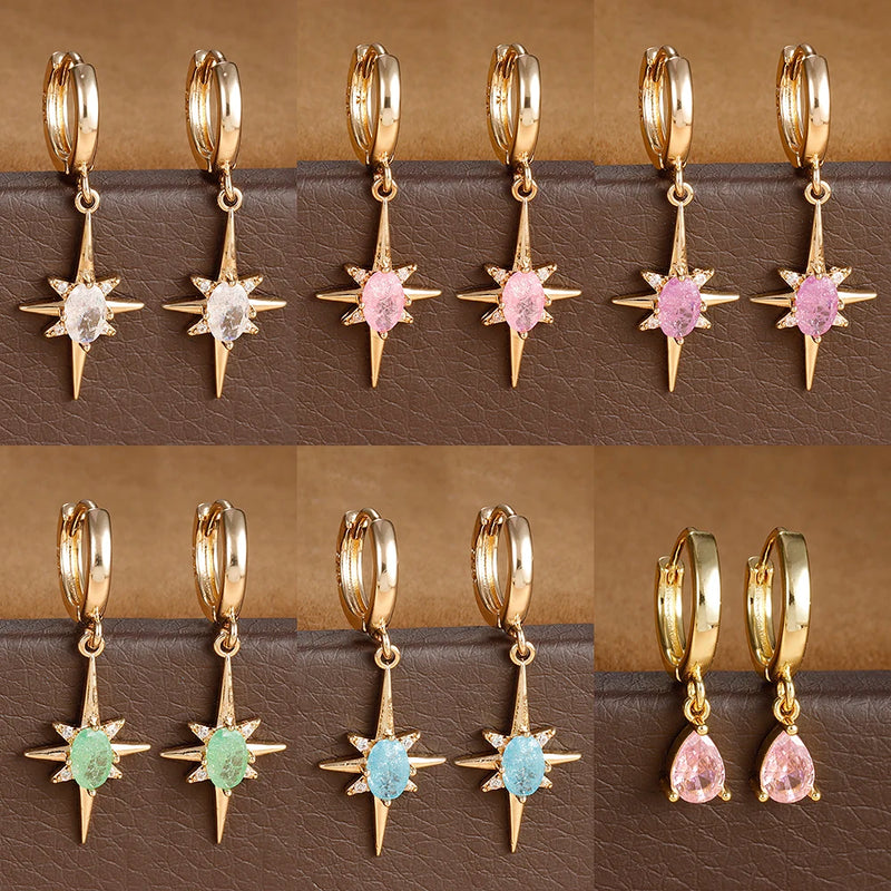 2PCS Simple Stainless Steel Star Hoop Earrings Gold Colour Zirconia
