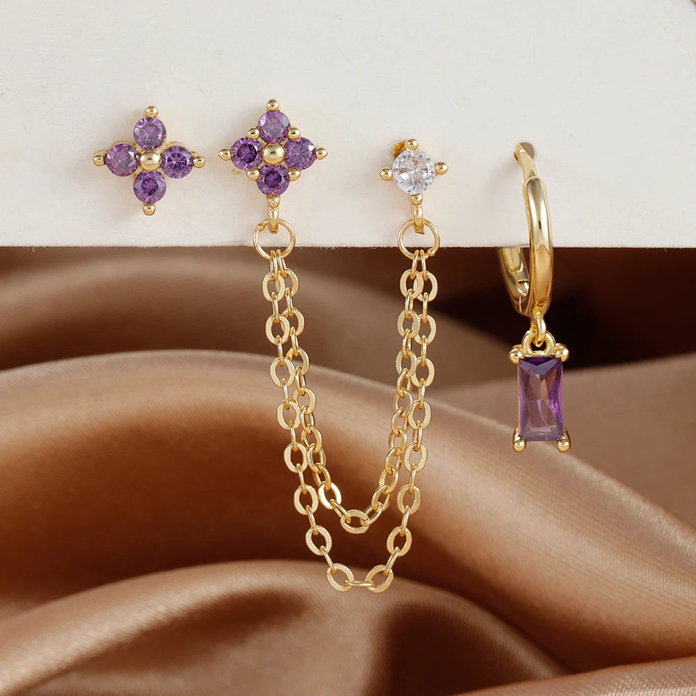 3PCS Exquisite Stainless Steel 12 Constellation Birthstone Earrings Set
