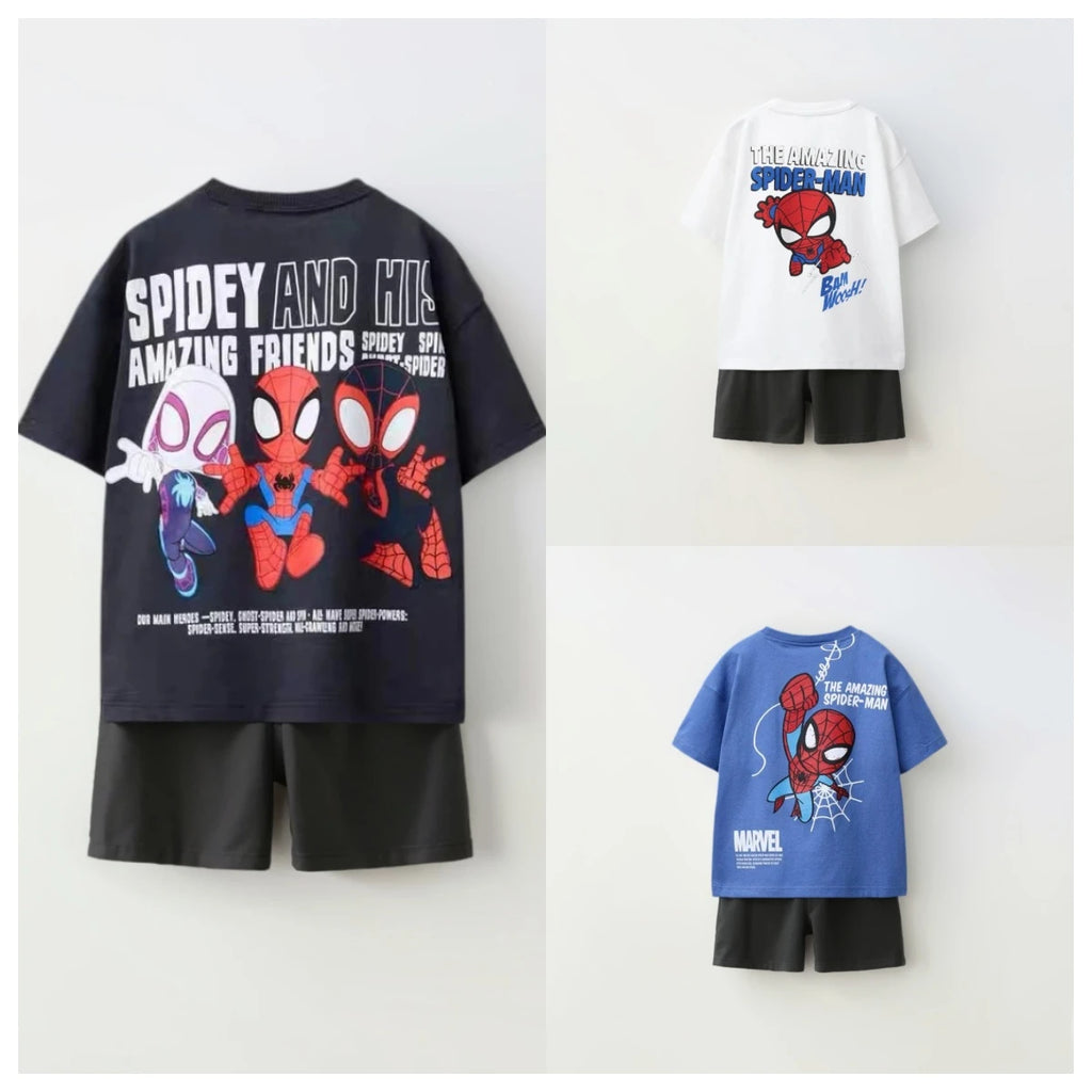 Kids Spiderman Print Sports T-Shirt & Loose Shorts Set Cartoon Summer Outfit