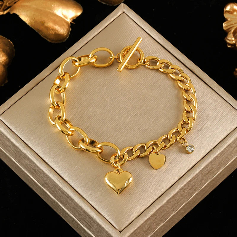 Gold Colour Stainless Steel Charm Bracelet Trendy Textured Jewellery