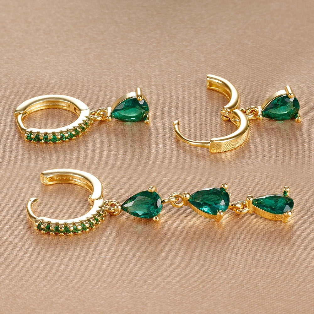 3PCS Stainless Steel Water Drop Hoop Earrings 18K Gold Plated Zirconia