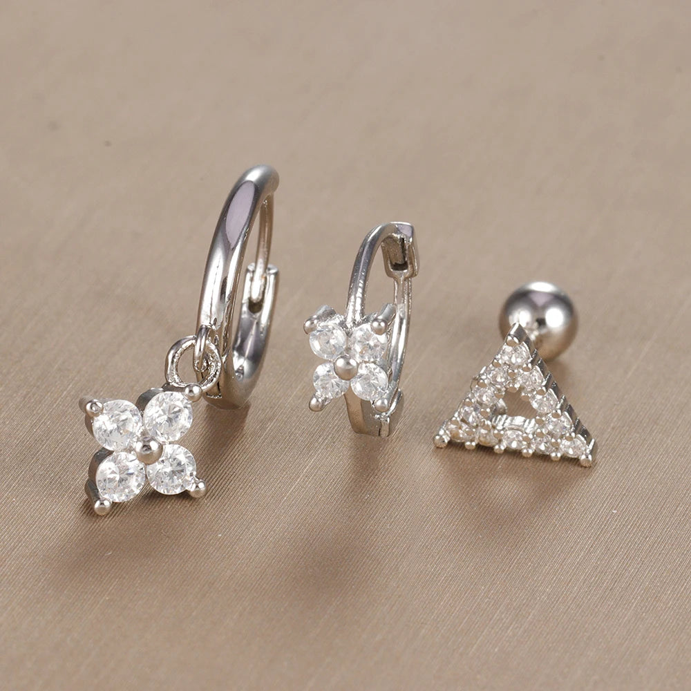 3PCS Vintage Design Four Flower Zircon Hoop Earrings Set Steel