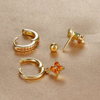 3PCS Stainless Steel Orange Zirconia Flower Pendant Hanging Earrings Set