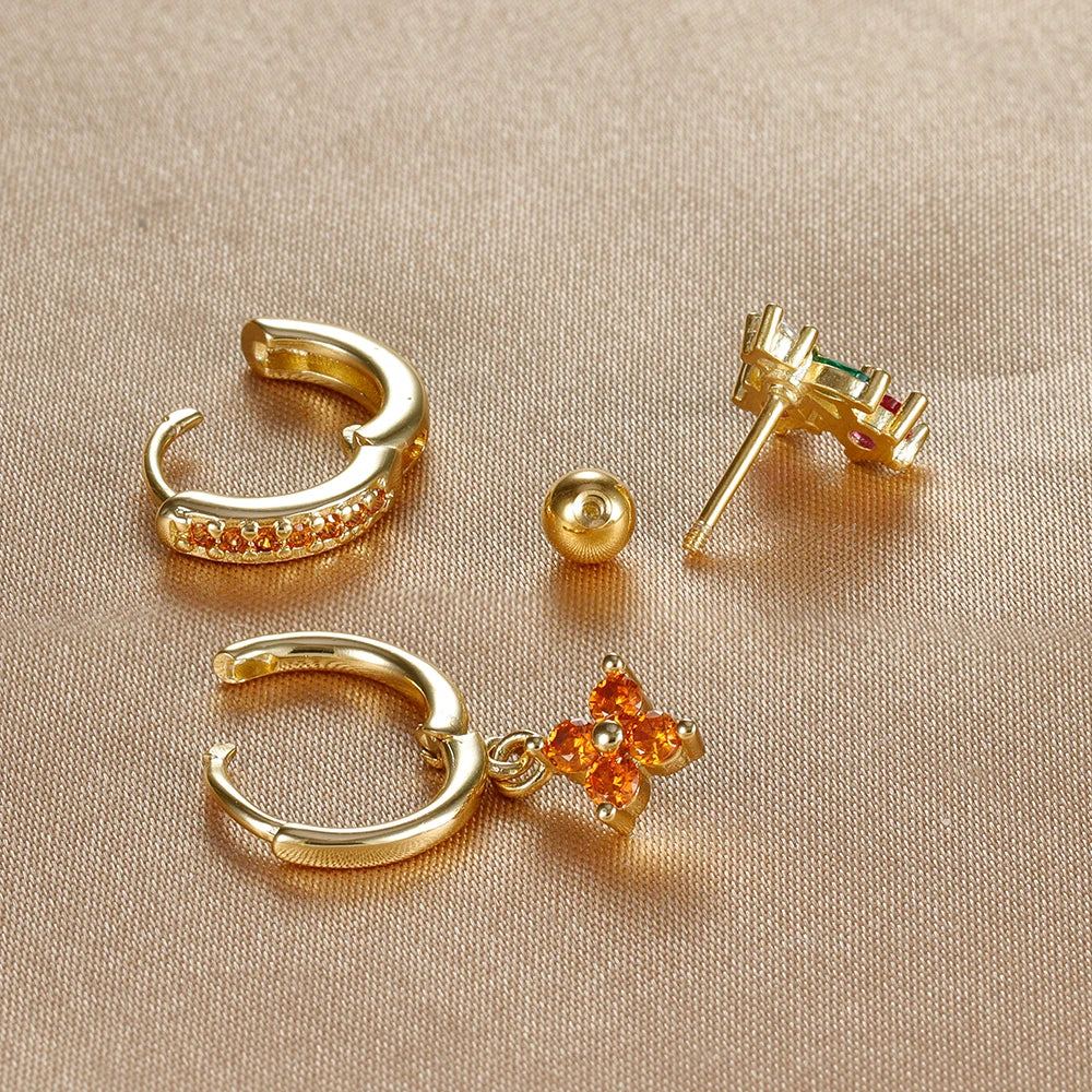 3PCS Stainless Steel Orange Zirconia Flower Pendant Hanging Earrings Set