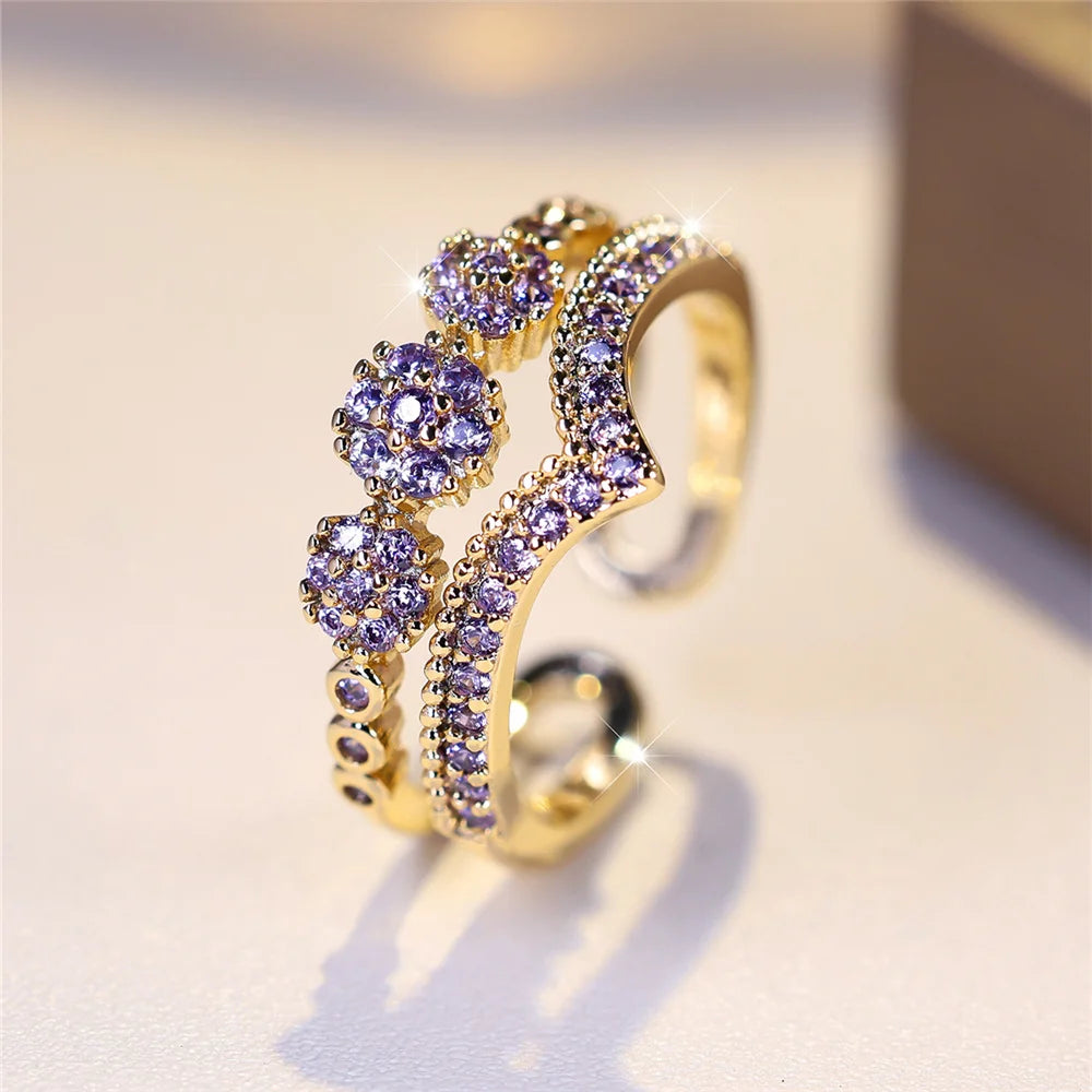 Charm Female Green Purple Blue Zircon Stone Open Adjustable Ring Vintage Gold Color Wedding Jewelry For Women