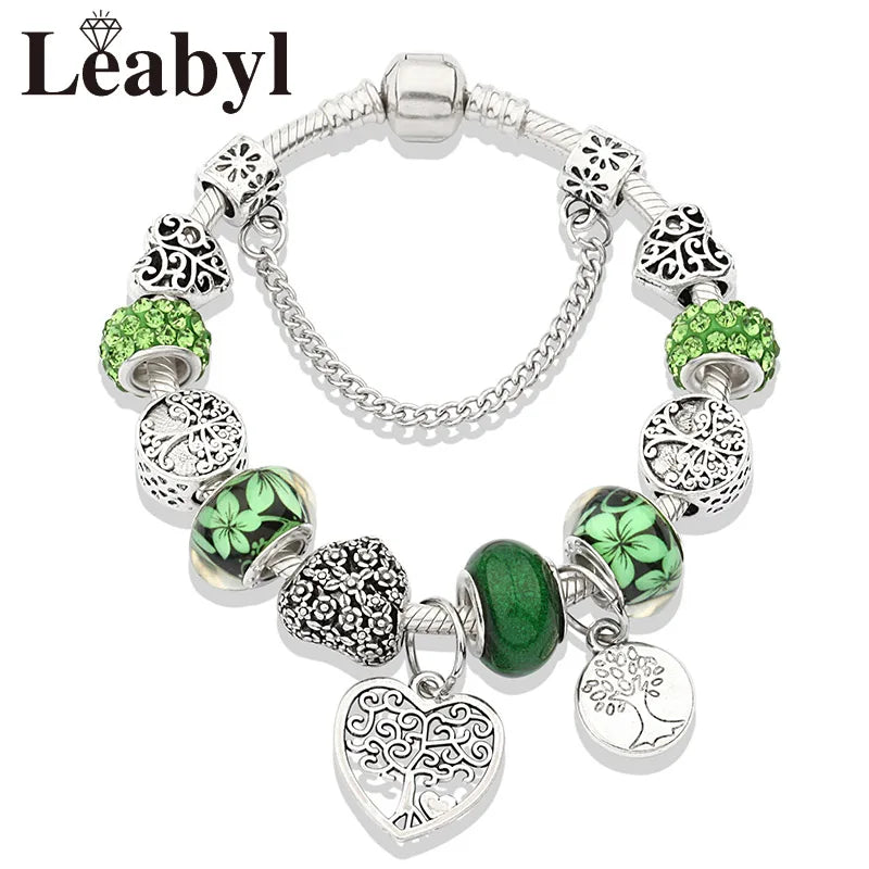 Silver Colour Tree of Life Bead Bracelet Green Leaf Crystal Charm Bangle