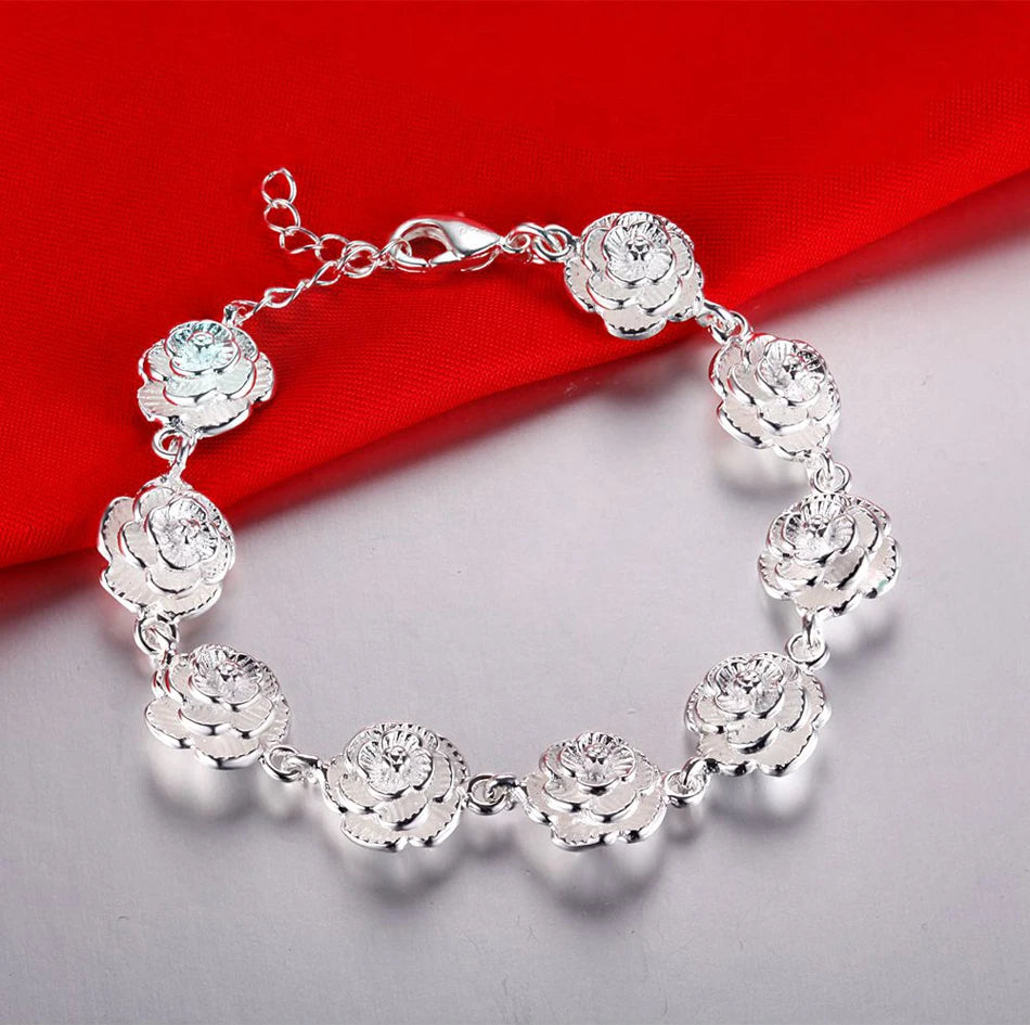 Rose Flower Chain Bracelet 925 Sterling Silver Women Pretty Wedding Jewellery