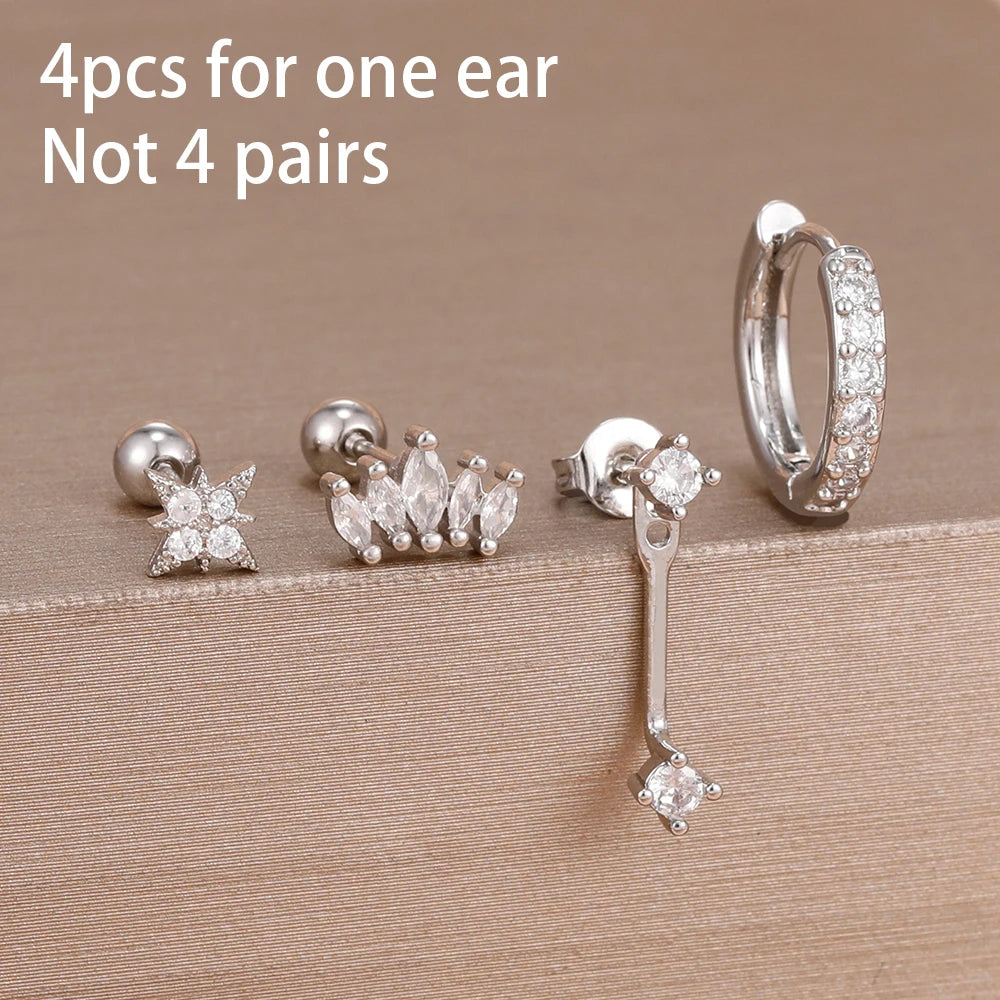 4pcs Korean Stainless Steel Zircon Water Drop Piercing Earrings Set